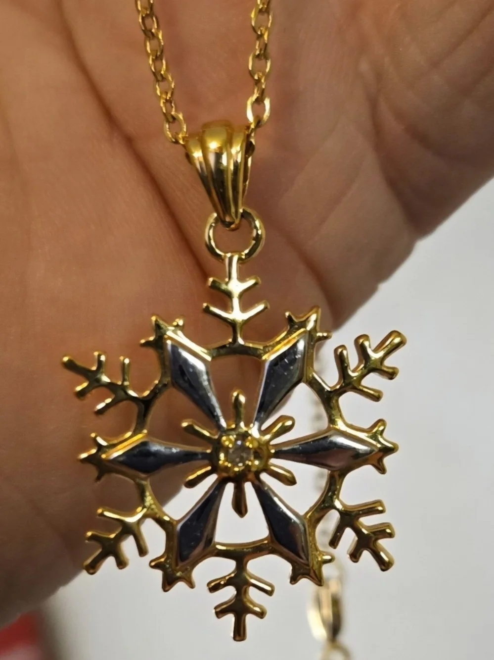 Gold and White Snowflake Pendant Necklace with Center Accent